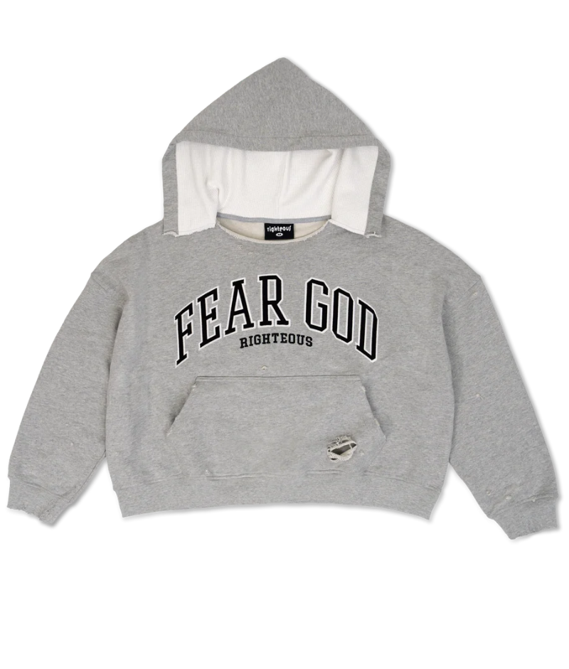 We Are Righteous “Fear God” Distressed Cropped Hoodie Front We Are Righteous “Fear God” Distressed Cropped Hoodie front view