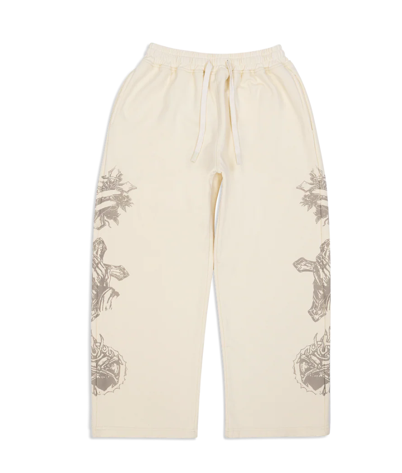 Werighteous “Tatted Believer” Sweatpants (Cream) – Front Werighteous “Tatted Believer” Sweatpants (Cream) front view