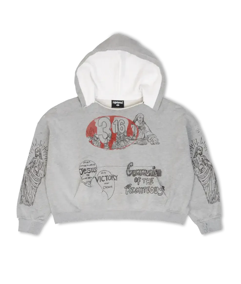 Righteous “3:16” Distressed Hoodie Righteous “3:16” Distressed Hoodie front view