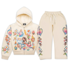 Risen King Cropped Zip Tracksuit in cream front view