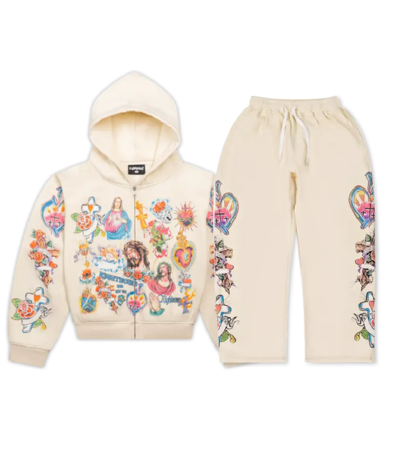 Risen King Cropped Zip Tracksuit Cream Front Risen King Cropped Zip Tracksuit in cream front view